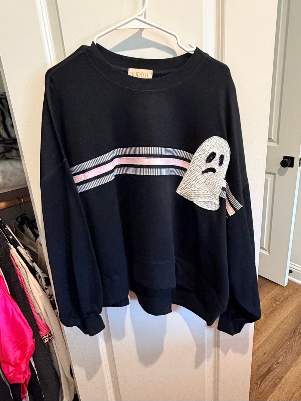 Women’s Black Sweatshirt with Pink Stripe & Ghost Appliqué
